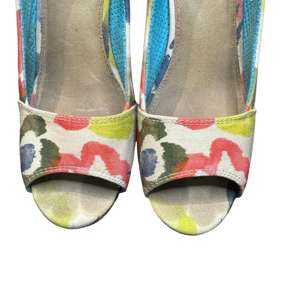 TOMS Shoes Womens Size 8.5‎ Multicolor Floral Peep Toe Cork Platform Wedge Heels